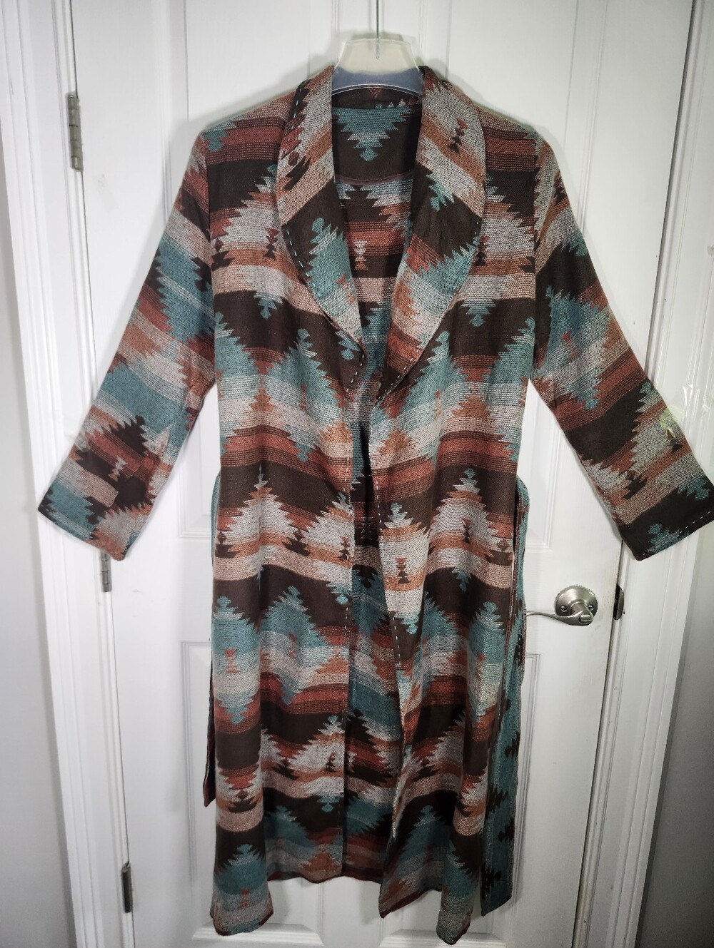 Southwestern Aztec Brown Teal Print Long Belt Coatigan Cardigan Duster S LG NWOT